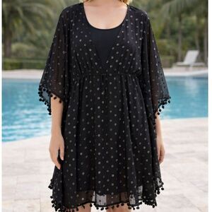 Metallic Silver Polka Dot Sheer Swim Cover Up 1X Black Mesh Resort Glimmercore
